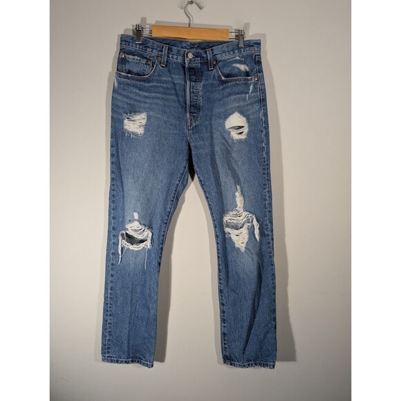 Levi's 501 Womens Blue Distressed Denim High Rise Jeans Sz 31 Grunge Festival - Picture 1 of 10